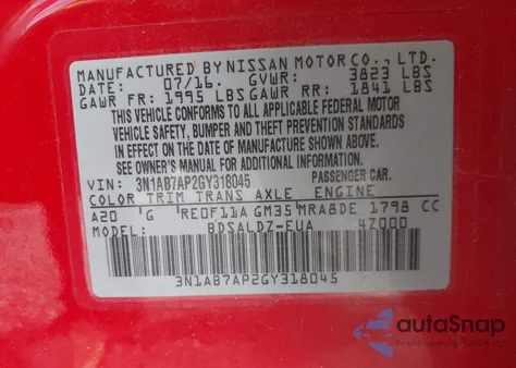 2016 Nissan Sentra Sv from USA, damaged, VIN 3N1AB7AP2GY318045